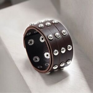 2 Silver Studded Black & Brown Leather Wrap/Band/Bracelet - Unise…